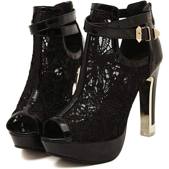 ﻿✨ Getmorebeauty Ankle Boots Women Black Leather Pretty Open Toes High Heel Boot - Picture 1 of 7